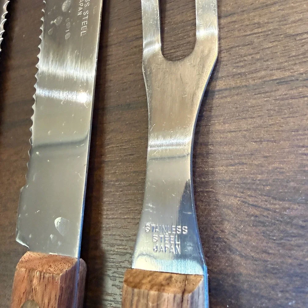 Vintage Stainless Steel Japan Wood Handle Cutlery Set 12 Knife Fork Cheese Tool